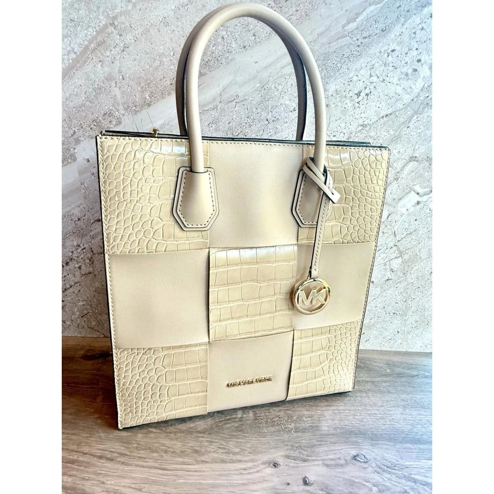 Michael Kors Mercer Medium NS Tote Bag & Matching Wallet Set Buff Croc NWOT